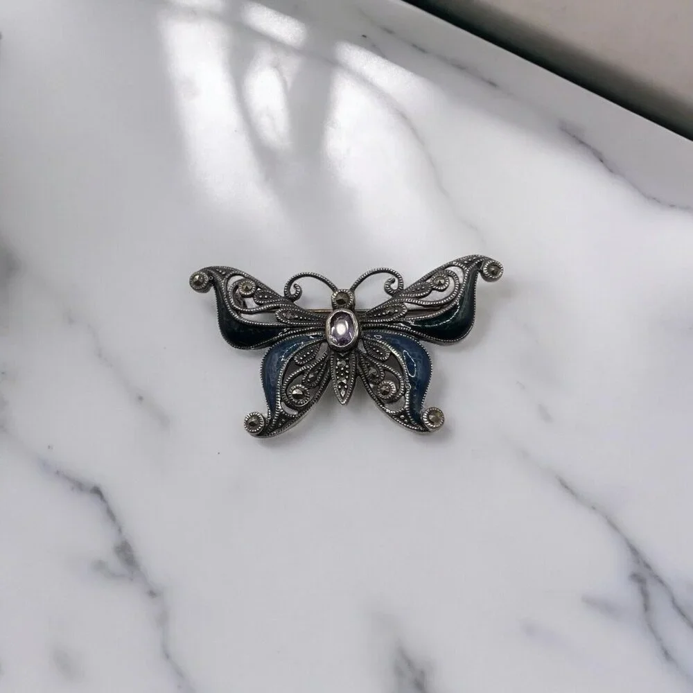Sterling Silver 925 Faceted Amethyst Marcasite Enameled Butterfly Brooch Pin VTG